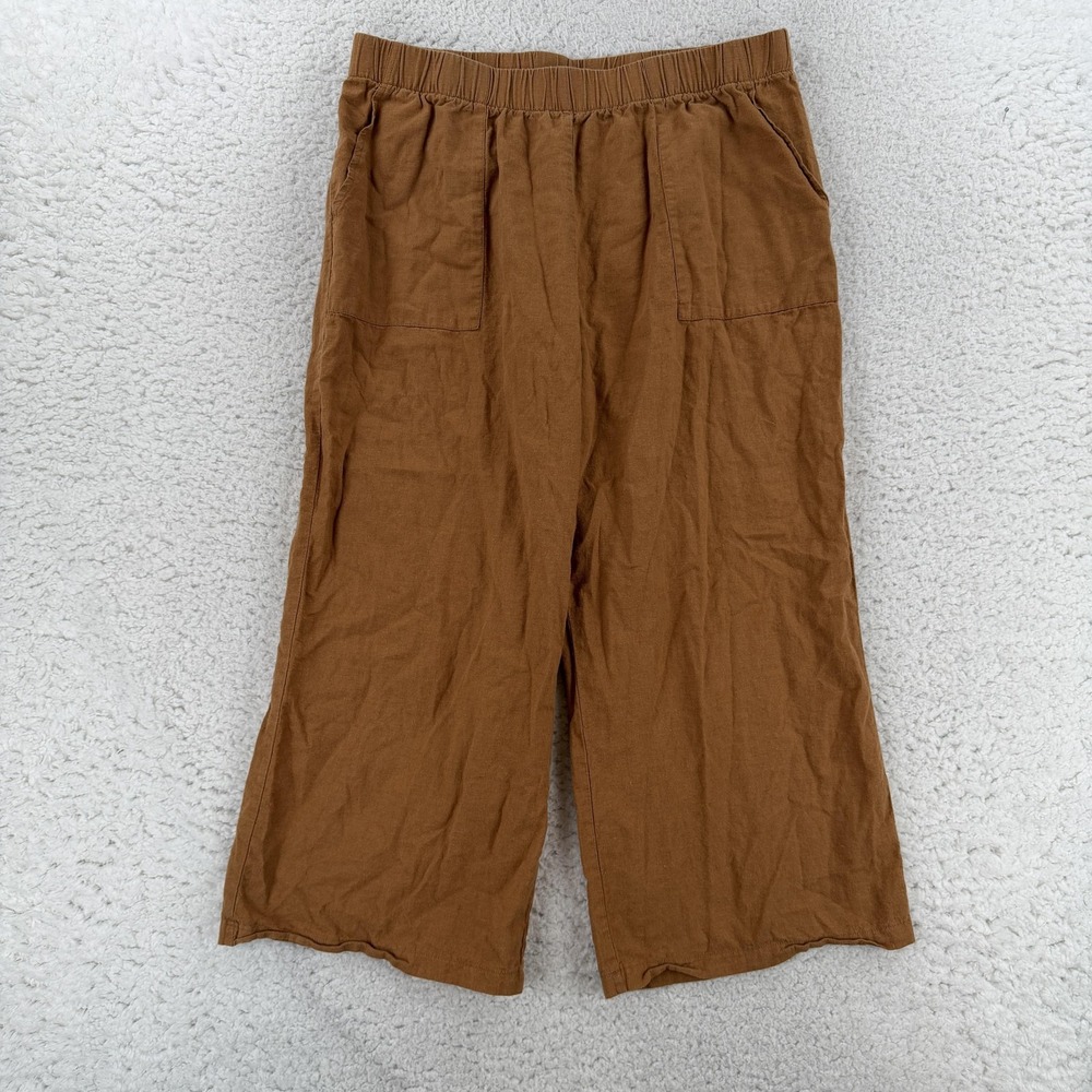 Felina Pants Womens M Brown Linen Cropped Wide Leg Elastic Waist Casual Pockets